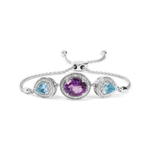 Load image into Gallery viewer, .925 Sterling Silver Oval Amethyst and Pear Blue Topaz with Diamond Accent Lariat 4â€-10†Adjustable Bolo Bracelet (H-I Color, SI1-SI2 Clarity)