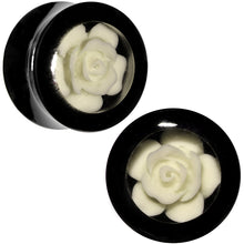Load image into Gallery viewer, Black Acrylic White Rose Flower Insert Saddle Plug Set Available in Sizes 00G to 26mm