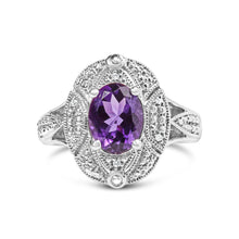 Load image into Gallery viewer, .925 Sterling Silver 9x7mm Oval Purple Amethyst and Diamond Accent Art Deco Style Cocktail Ring (I-J Color, I1-I2 Clarity) - Size 6