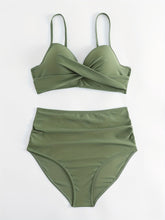 Load image into Gallery viewer, Tropical Vibe High Waist Bikini Set – Flirty V-Neck Swimsuit with Layered Colorblock High Cut Bottom Crisscross Strap Detail & Ultra-Stretch Comfort – Women's Two Piece Swimwear for Summer Beach Pool & Vacation Fun