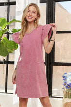 将图片加载到图库查看器,Mineral Washed V-Neck Ruffled Cap Sleeve Dress – Trendy, Comfortable, Playful, Unique Wash For Any Occasion