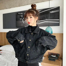 Load image into Gallery viewer, Elegance Black Denim Short Jackets For Women Loose Single Breasted Button Pockets Stylish Chic Retro Casual Streetwear For Women