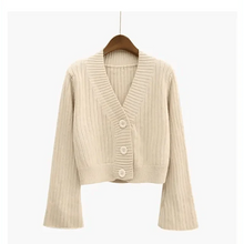 Load image into Gallery viewer, Elegance Cardigan Autumn Long Flare Sleeve Short Sweater Women Ribbed Knitted Cotton Tops Black White Ladies Soft Outwear Female