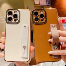 将图片加载到图库查看器,Elegant Adjustable Wrist Strap Hand Band Case For iPhone 12 13 11 14 Pro Max X XS Max XR 14 plus Case with Strap Luxury Plating Gold Bumper Phone Cover Wristband Kickstand Full Body Protective Slim Case Luxury Candy Color Phone Holder Colorful Iphone Case