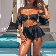 Load image into Gallery viewer, Elegant Black High Waist Bikinis Set Off Shoulder Ruffled Summer Spring Swimwear Female Push Up Bathing Suit Women Ring Swimsuit Bikini Bathing Suits With Beach Skirt