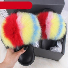 Load image into Gallery viewer, Elegant Indoor Fur Slippers For Women Fur Slides Flip Flops Beach Plush Fluffy Furry Slippers Furry Fuzzy Slides Open Toe Fluffy Slides Fox Fur Feather Sandals Fur Slip On Shoes For Women