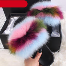 Load image into Gallery viewer, Elegant Indoor Fur Slippers For Women Fur Slides Flip Flops Beach Plush Fluffy Furry Slippers Furry Fuzzy Slides Open Toe Fluffy Slides Fox Fur Feather Sandals Fur Slip On Shoes For Women