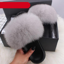 Load image into Gallery viewer, Elegant Indoor Fur Slippers For Women Fur Slides Flip Flops Beach Plush Fluffy Furry Slippers Furry Fuzzy Slides Open Toe Fluffy Slides Fox Fur Feather Sandals Fur Slip On Shoes For Women