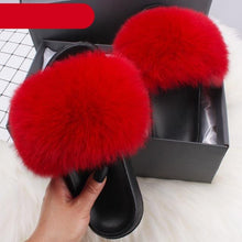 Load image into Gallery viewer, Elegant Indoor Fur Slippers For Women Fur Slides Flip Flops Beach Plush Fluffy Furry Slippers Furry Fuzzy Slides Open Toe Fluffy Slides Fox Fur Feather Sandals Fur Slip On Shoes For Women