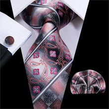 将图片加载到图库查看器,Elegant Pink Silk Necktie Pocket Square Cufflinks Set Elegant Men's Fashion Wedding Ties For Men And Daily Wear Ties