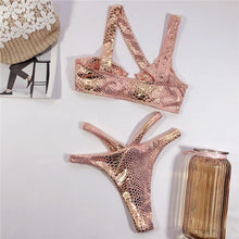 将图片加载到图库查看器,Elegant Women Bandage Swimwear Women Snake Bikini Swimsuit Female Gold Bikini Set Bathing Suit Swim Wear Women Shiny Bikini String Two Pieces Swimsuit Female Swimwear