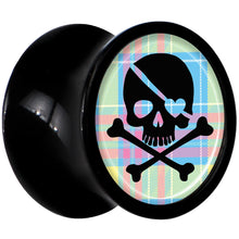 Load image into Gallery viewer, Black Acrylic Pink Green Plaid Heart Skull Saddle Plug Set 0G