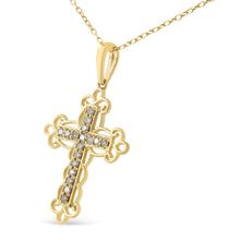 Load image into Gallery viewer, 10K Yellow Flashed .925 Sterling Silver 1/4 Cttw Champagne Diamond Filigree Cross Pendant Necklace (K-L Color, I1-I2 Clarity) - 18"