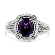 Load image into Gallery viewer, .925 Sterling Silver Prong Set Natural Oval Shape 9X7 MM Purple Amethyst Solitaire and Diamond Accent Ring (I-J Color, I1-I2 Clarity) - Ring Size 7