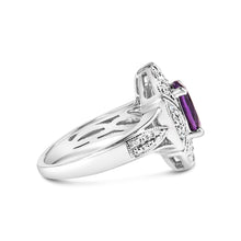 Load image into Gallery viewer, .925 Sterling Silver 9x7mm Oval Purple Amethyst and Diamond Accent Art Deco Style Cocktail Ring (I-J Color, I1-I2 Clarity) - Size 6