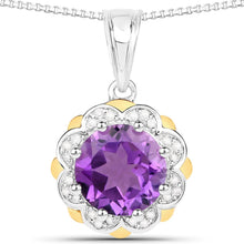 Load image into Gallery viewer, 1.87 Carat Genuine Amethyst and White Diamond 14K Yellow Gold with .925 Sterling Silver Pendant