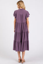Load image into Gallery viewer, Ruffle Sleeve Collared V Neck Tiered Midi Dress For Women β Elegant and Feminine Dress with Ruffled Sleeves and Tiered Design