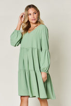 Load image into Gallery viewer, Light Green Double Take Full Size V-Neck Sleeve Tiered Dress with Pockets Elegant & Comfortable Casual Dress