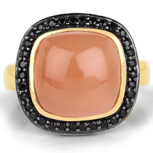 将图片加载到图库查看器,14K Yellow Gold Plated 7.50 ct. t.w. Peach Moonstone and Black Spinel Ring in Sterling Silver