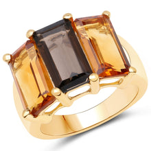 Load image into Gallery viewer, 14K Yellow Gold Plated 8.14 Carat Genuine Smoky Quartz, Citrine and Champagne Quartz .925 Sterling Silver Ring