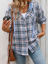 将图片加载到图库查看器,Plaid Buttoned Long Sleeve Hooded Jacket for Women – Cozy & Stylish Cotton-Blend Outerwear