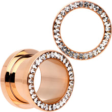 将图片加载到图库查看器,Clear CZ Gem Rose Gold PVD Bling Screw Fit Tunnel Plug Set 3mm to 16mm