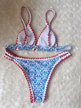 Load image into Gallery viewer, New Blossom Charm High-Cut Bikini Set For Summer – Strapless Floral Print Swimsuit with Elegant Embroidered Cut-Out Triangular Top Contrast Trim and Back Buckle – Women’s 2-Piece Summer Beachwear