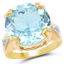 Load image into Gallery viewer, 14K Yellow Gold Plated 12.98 Carat Genuine Blue Topaz and White Topaz .925 Sterling Silver Ring