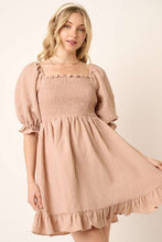 Load image into Gallery viewer, Smocked Ruffled Hem Half Sleeve Mini Dress, Cute, Elegant, Charming and Comfortable Mini Dress with Smocked Bodice and Whimsical Ruffled Hem