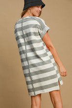 将图片加载到图库查看器,Peace Applique Striped Short Sleeve Mini Dress – Fun Peace Sign Applique, Chic Stripes, and High-Low Hem for Stylish Comfort