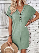 Load image into Gallery viewer, Elegant Button V-Neck Short Sleeve Dress Flattering Casual & Office Wear Simple Dress