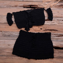 Load image into Gallery viewer, Fashion Beach Bikini Set Knitting Swimsuit Crochet Style Off Shoulder Bathing Handmade Tassels Bikini Bra Two Piece Beach Outfits For Women Crochet Tassels Hollow Out Bikini Bra Top Skirt Cover Up Dress