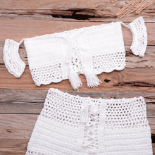 Load image into Gallery viewer, Fashion Beach Bikini Set Knitting Swimsuit Crochet Style Off Shoulder Bathing Handmade Tassels Bikini Bra Two Piece Beach Outfits For Women Crochet Tassels Hollow Out Bikini Bra Top Skirt Cover Up Dress