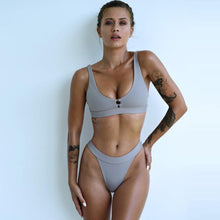 Load image into Gallery viewer, Fashion Bikini Women Two Pieces Swimsuit Button Swimwear Female Solid Bathing Suit Women's Scoop Neck Cut Out Front Lace Up Back High Cut Swimsuit Summer Beach Wear Swimming Suit