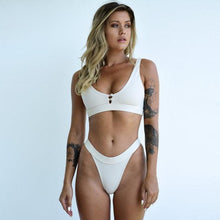 Load image into Gallery viewer, Fashion Bikini Women Two Pieces Swimsuit Button Swimwear Female Solid Bathing Suit Women's Scoop Neck Cut Out Front Lace Up Back High Cut Swimsuit Summer Beach Wear Swimming Suit