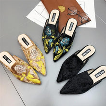 Load image into Gallery viewer, Fashion Embroidery Women Fur Slides Half Slippers Velvet Shoes Flats Flower Decoration Low Heel Flats Leather Slip On Backless Sandals For Girls Womens Work Slides Shoes