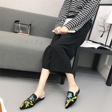 Load image into Gallery viewer, Fashion Embroidery Women Fur Slides Half Slippers Velvet Shoes Flats Flower Decoration Low Heel Flats Leather Slip On Backless Sandals For Girls Womens Work Slides Shoes
