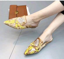 Load image into Gallery viewer, Fashion Embroidery Women Fur Slides Half Slippers Velvet Shoes Flats Flower Decoration Low Heel Flats Leather Slip On Backless Sandals For Girls Womens Work Slides Shoes