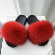 Load image into Gallery viewer, Fashion Fox Fur Slippers Women Home Fluffy Comfort Summer Flats Sweet Shoes Indoor Flip Flops Fur Slides Elegant Sandals Lightweight House Slippers Fuzzy Band Slip On Open Toe Slippers