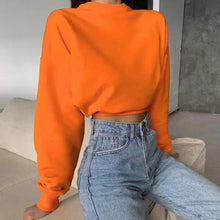 Load image into Gallery viewer, Fashion Women Solid Color Loose Sweatshirts Pullover Tops Long Sleeve Round Collar Crop Tops Ladies Plain Sweet Sweatshirts Neon Crop Top Hoodies for Women Casual Long Sleeve Cropped Hooded Sweatshirt