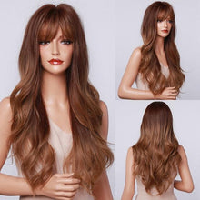 Load image into Gallery viewer, Fashionable Long Wavy Synthetic Wigs Brown to Blonde Ombre with Bangs Fake Hair for Women Daily Cosplay Party Heat Resistant Wigs For Black Women Gifts for Girlfriends