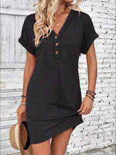 Load image into Gallery viewer, Elegant Button V-Neck Short Sleeve Dress Flattering Casual & Office Wear Simple Dress
