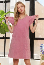 将图片加载到图库查看器,Mineral Washed V-Neck Ruffled Cap Sleeve Dress – Trendy, Comfortable, Playful, Unique Wash For Any Occasion