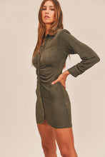 Load image into Gallery viewer, Front Ruched Button-Down Skinny Mini Shirt Dress β Button-Down Mini Dress, Ruched Shirt Dress, Bodycon Mini Dress, Skinny Fit Shirt Dress, Trendy Mini Dress