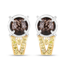 Load image into Gallery viewer, 3.75 Carat Genuine Smoky Quartz, Yellow Diamond and White Diamond .925 Sterling Silver Earrings