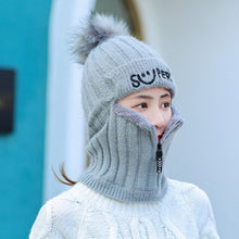 将图片加载到图库查看器,Female Winter Knitted Hats Add Fur Lined Warm Winter Hats For Women With Zipper Keep Face Warmer Balaclava Pompoms Cap Fleece Balaclava Gorgas Bonnet Knitted Hat Windproof Ski Mask Cold Weather Face Mask Motorcycle Balaclava Hood Warmer Winter Sports Cap