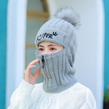 将图片加载到图库查看器,Female Winter Knitted Hats Add Fur Lined Warm Winter Hats For Women With Zipper Keep Face Warmer Balaclava Pompoms Cap Fleece Balaclava Gorgas Bonnet Knitted Hat Windproof Ski Mask Cold Weather Face Mask Motorcycle Balaclava Hood Warmer Winter Sports Cap