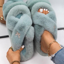 Load image into Gallery viewer, Fluffy Slippers Rhinestone Butterfly Faux Fur Slides Women Sandals Platform Flip Flops Crystal Indoor Slippers Faux Fur Slippers Comfy Open Toe Two Slides Lining And Rubber Sole