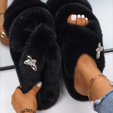 Load image into Gallery viewer, Fluffy Slippers Rhinestone Butterfly Faux Fur Slides Women Sandals Platform Flip Flops Crystal Indoor Slippers Faux Fur Slippers Comfy Open Toe Two Slides Lining And Rubber Sole
