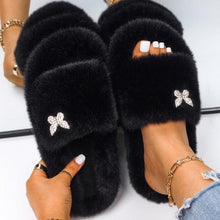 Load image into Gallery viewer, Fluffy Slippers Rhinestone Butterfly Faux Fur Slides Women Sandals Platform Flip Flops Crystal Indoor Slippers Faux Fur Slippers Comfy Open Toe Two Slides Lining And Rubber Sole